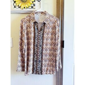 Soft Surroundings Women's XS Beaded Embroidered Tan Black Long Sleeve Tunic Top